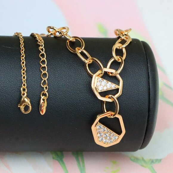 "Rose Gold Chunky Chain Necklace with Crystal Geometric Charms, XPNL1889 - Picture 4 of 12